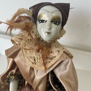 Vintage Porcelain Harlequin Pierrot Doll - Venetian Jester Gold & Brown 17”